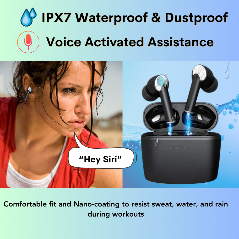 J8 Wireless Noise Cancelling Earbuds Bluetooth Headphones with Microphone|  42H Playtime |IPX7 Waterproof Earphone | Over 500H Battery Life  For iPhone, Android, Laptop, TV Compatible | Black Earbuds