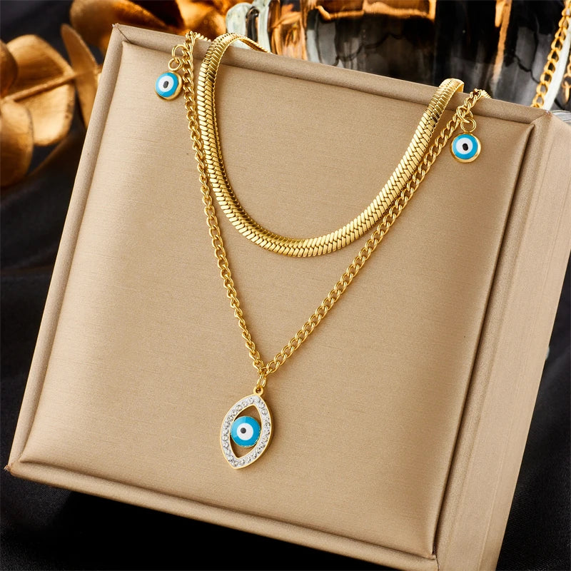 Necklace for Women, New Multilayer Choker Chain Jewelry Gifts, DIEYURO 316L Stainless Steel Butterfly Moon Lock Blue Eyes Pendant Necklace