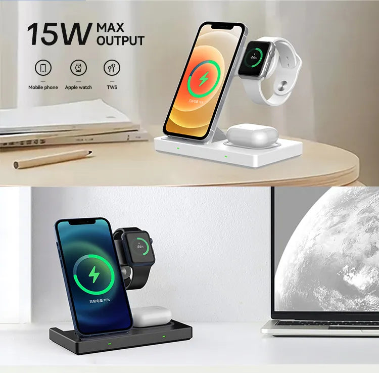 3 in 1 Wireless Charging Station for ios & Android Devices- iphone, Android Phone, Earbuds and Smart Watches.