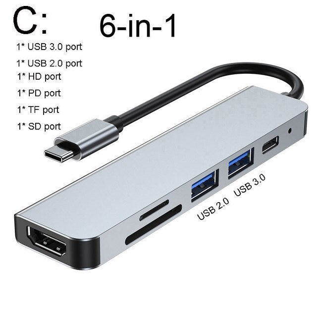 Multi Functional [4-in-1, 6-in-1, 7-in-1] USB-C Hub with  HDMI, VGA, RJ45, OTG, Thunderbolt 3, PD charging, TF/SD card slots, 3.5mm audio jack, MacBook Pro/Air M1 M2