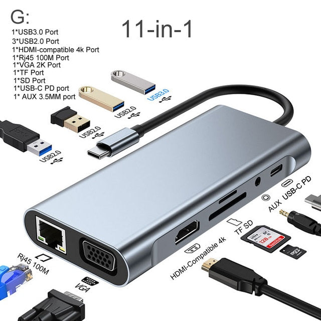 Multi Functional { 8-in-1 & 11-in-1} USB C Hub to HDMI-compatible Rj45 VGA Adapter OTG Thunderbolt 3 Dock with PD TF SD Jack3.5mm for MacBook Pro/Air M1 M2