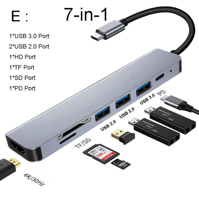 Multi Functional [4-in-1, 6-in-1, 7-in-1] USB-C Hub with  HDMI, VGA, RJ45, OTG, Thunderbolt 3, PD charging, TF/SD card slots, 3.5mm audio jack, MacBook Pro/Air M1 M2